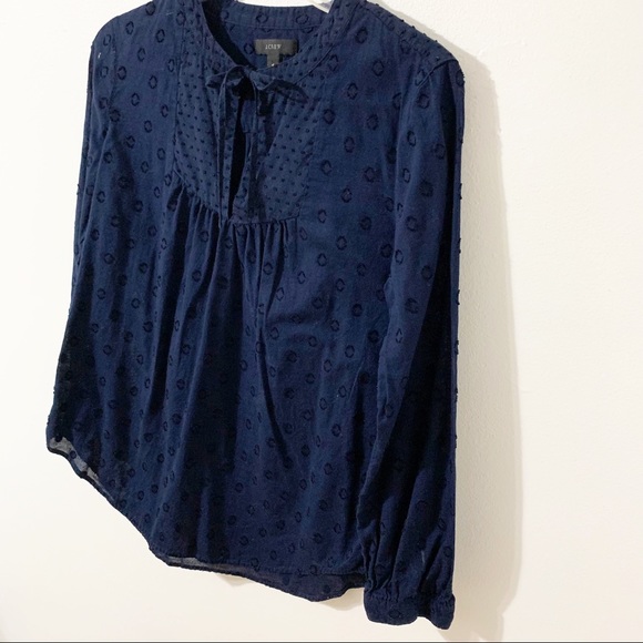 J. Crew Swiss Dot Long Sleeve Tie Front Cotton Blouse Button Cuff S-A5545 Navy - Picture 3 of 12